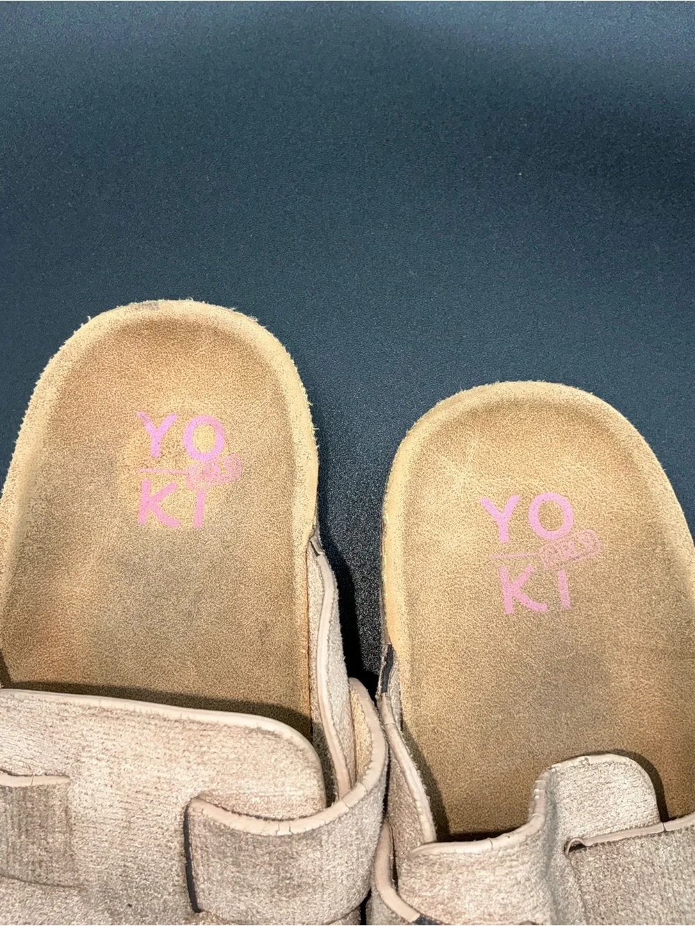 Yoki Gienna girls' taupe faux suede clogs featuring rhinestone embellishments.